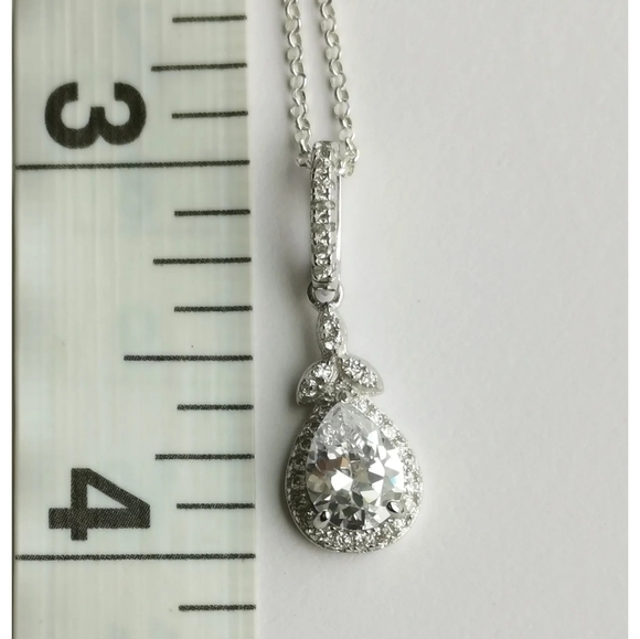Sterling Silver Teardrop CZ Halo Pendant Necklace - Picture 3 of 6